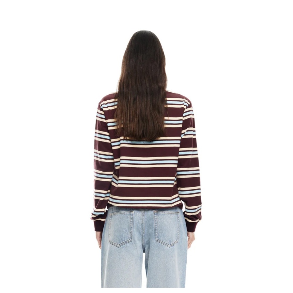 Lioness Burgundy Blue Striped Women's Rugby Top - Picture 4 of 7